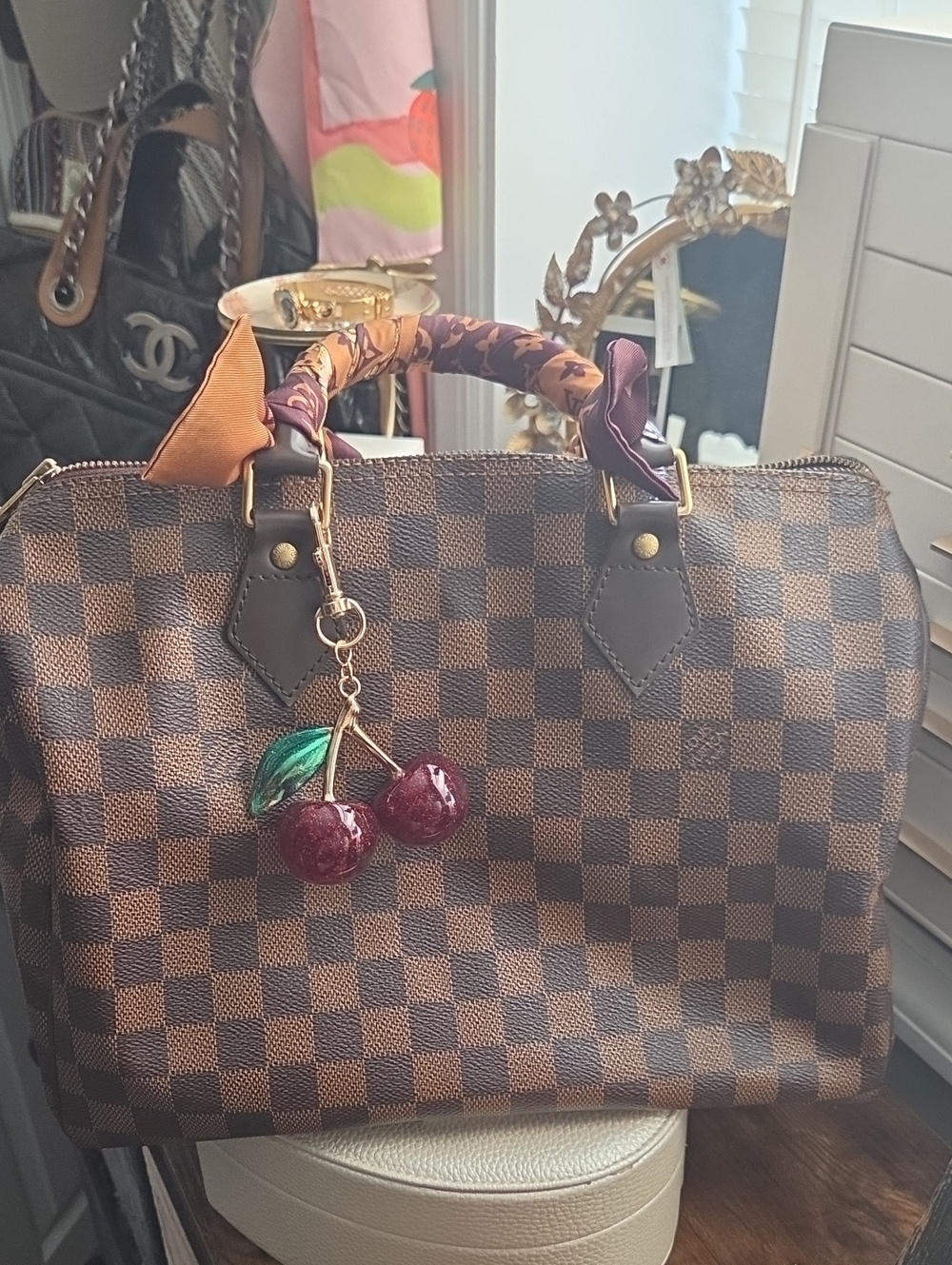 Louis VUITTON Damier Speedy 30 Top-Handle Women's Bag with Cherry Charm